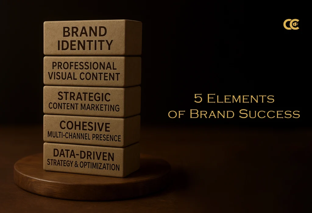 5 Elements of Brand Success Stacked golden blocks on wooden platform displaying five brand success elements including brand identity, visual content, content marketing, multi-channel presence, and data-driven strategy by Content Crest Media Ahmedabad Gujarat