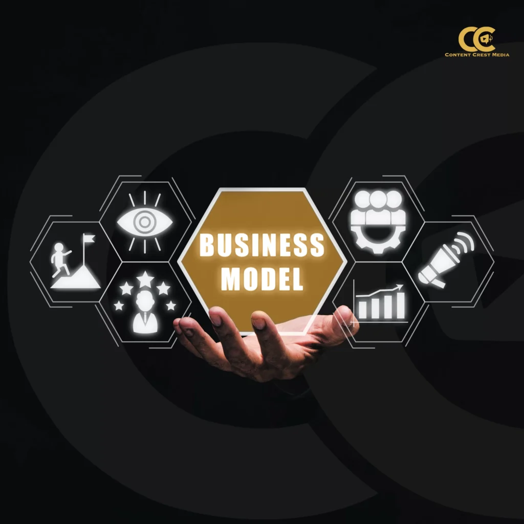 Media Production and Marketing Agency Can Change the Market Scenario Professional hand presenting holographic business model diagram with interconnected strategy icons representing comprehensive integrated media production and marketing solutions by Content Crest Media in Ahmedabad Gujarat