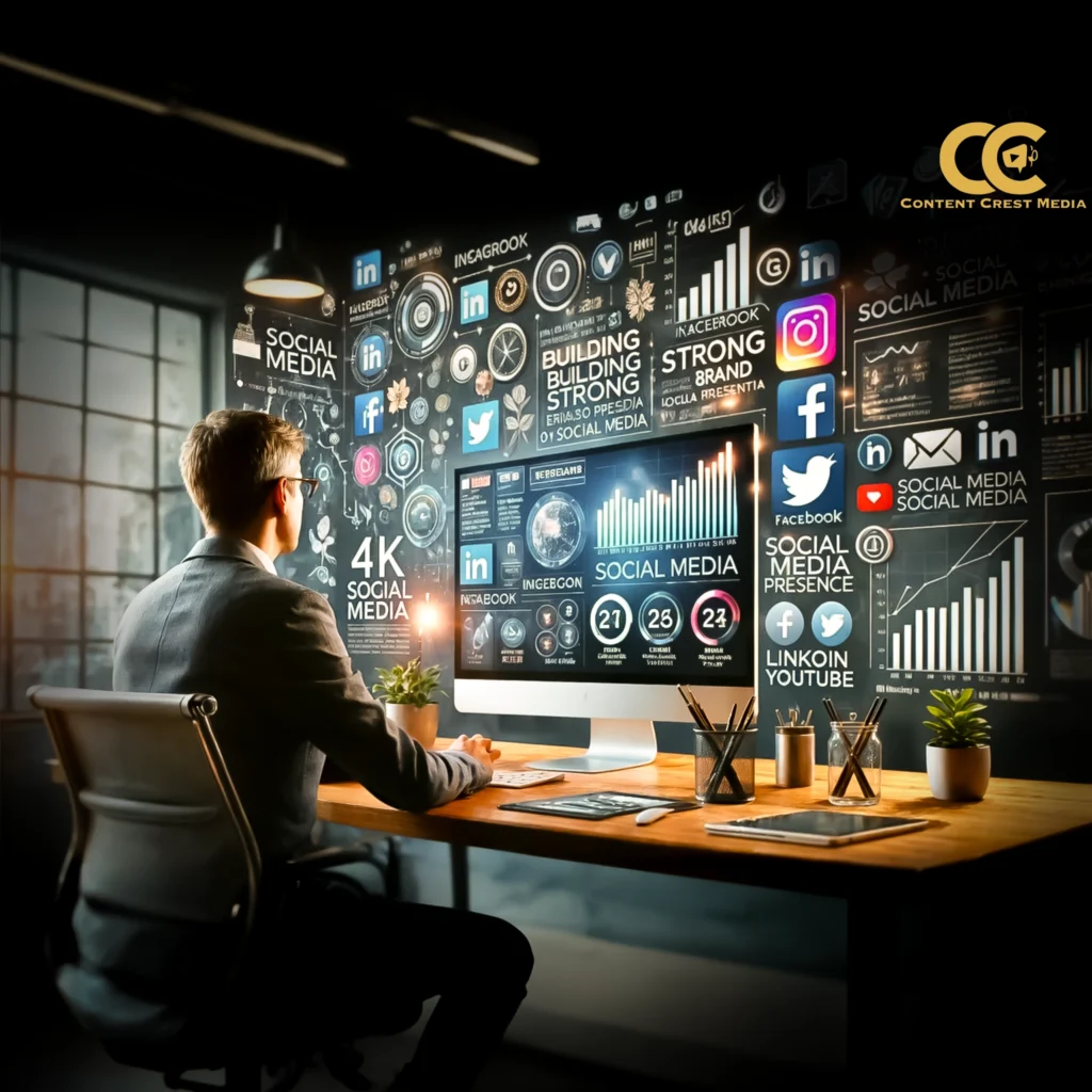 The Importance of Brand Consistency Across Digital Platforms Professional analyzing large social media dashboard with multiple platform icons and analytics representing digital brand consistency and cross-platform management by Content Crest Media in Ahmedabad Gujarat