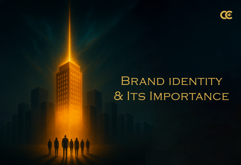Branding and Its Importance for Business Growth | Photography, Video & Marketing Insights Illuminated golden skyscraper with dramatic light beam and silhouetted professionals representing brand identity importance and market differentiation by Content Crest Media Ahmedabad Gujarat