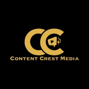 Content Crest Media official gold logo with CC lettermark, video camera and play button on black background representing media production and marketing agency services in Ahmedabad Gujarat India