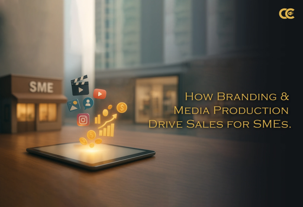 Glowing tablet emanating digital marketing icons including video, Instagram, charts and dollar coins with SME storefront representing branding and media production sales growth by Content Crest Media Ahmedabad Gujarat