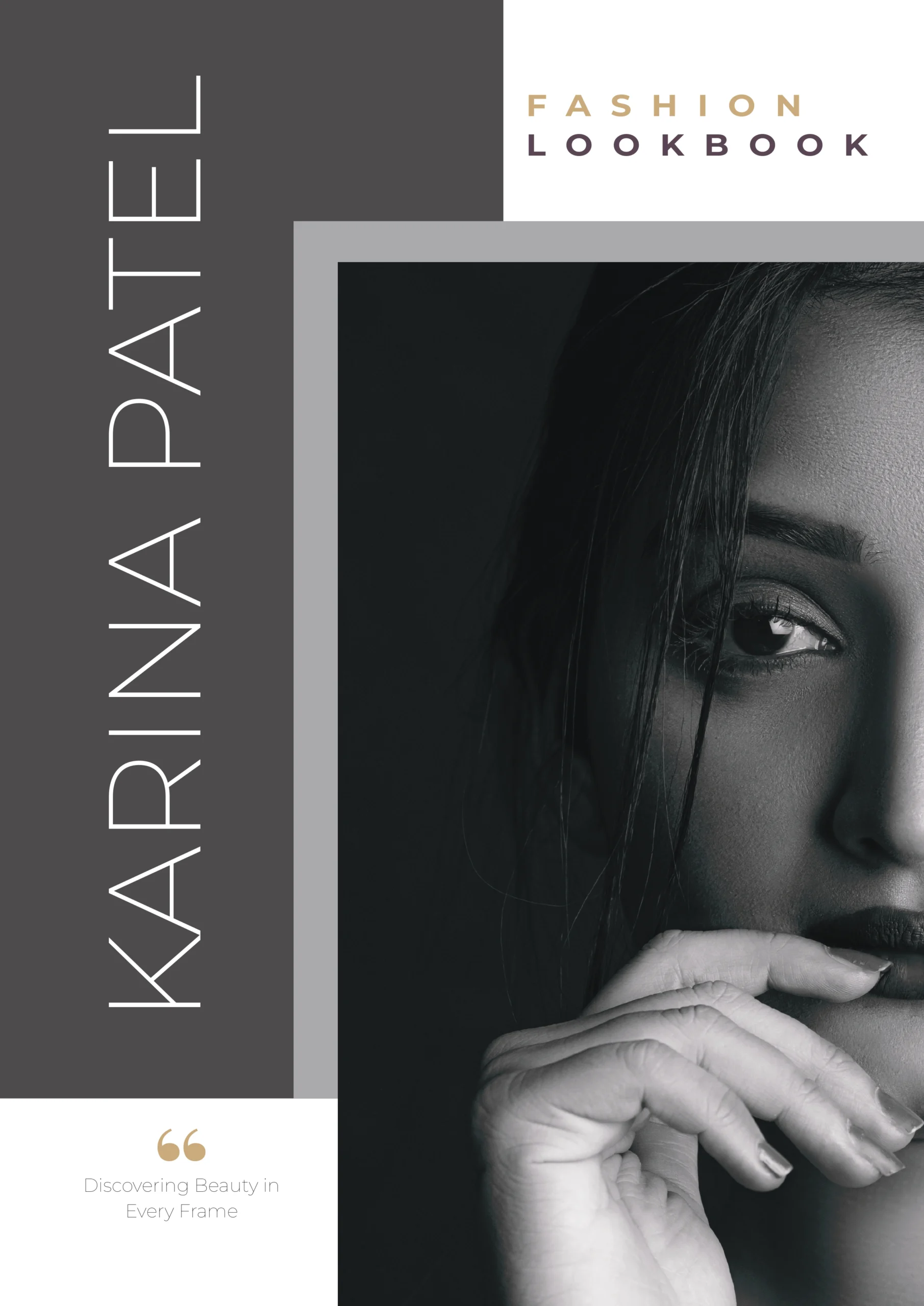 Photography Portfolio Fashion lookbook cover page with "Discovering Beauty in Every Frame" and professional model introduction - Content Crest Media