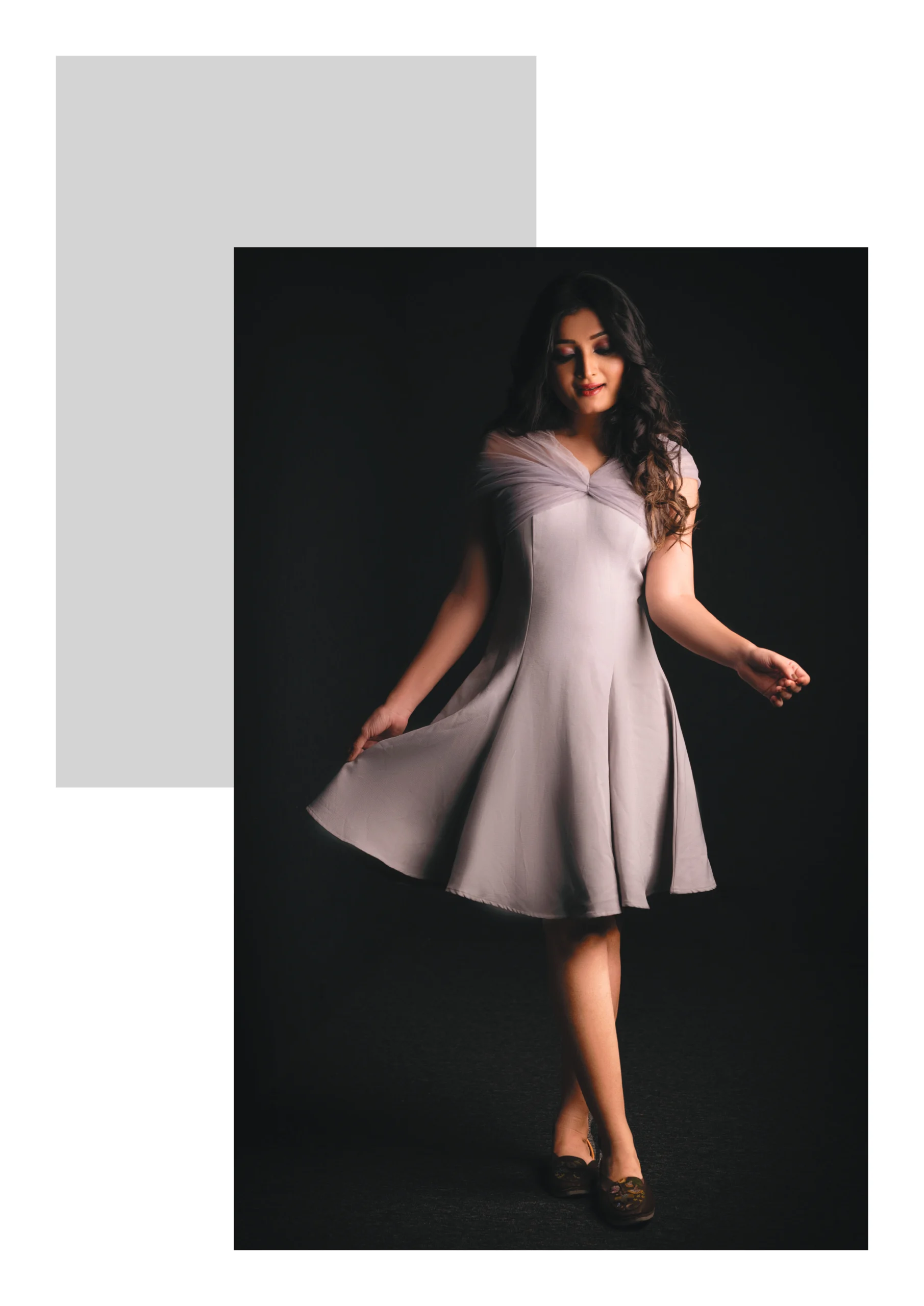 Photography Portfolio Fashion lookbook cover page with "Discovering Beauty in Every Frame" and professional model introduction - Content Crest Media