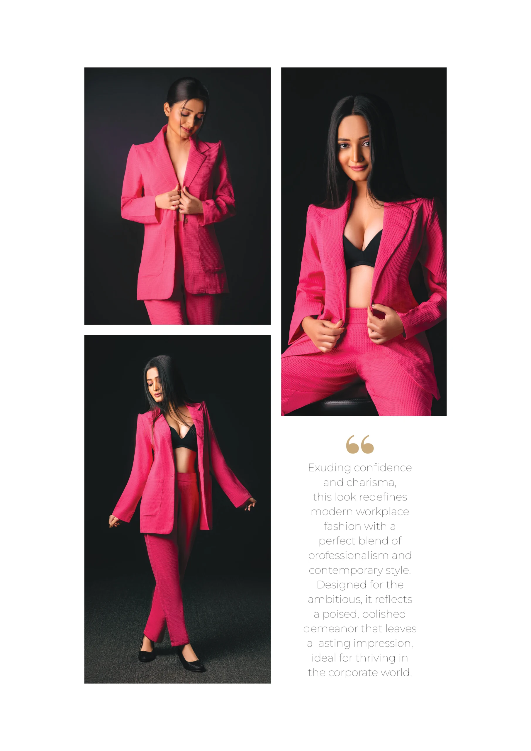 Photography Portfolio Hot pink power suit corporate fashion with dramatic black background and confident professional styling