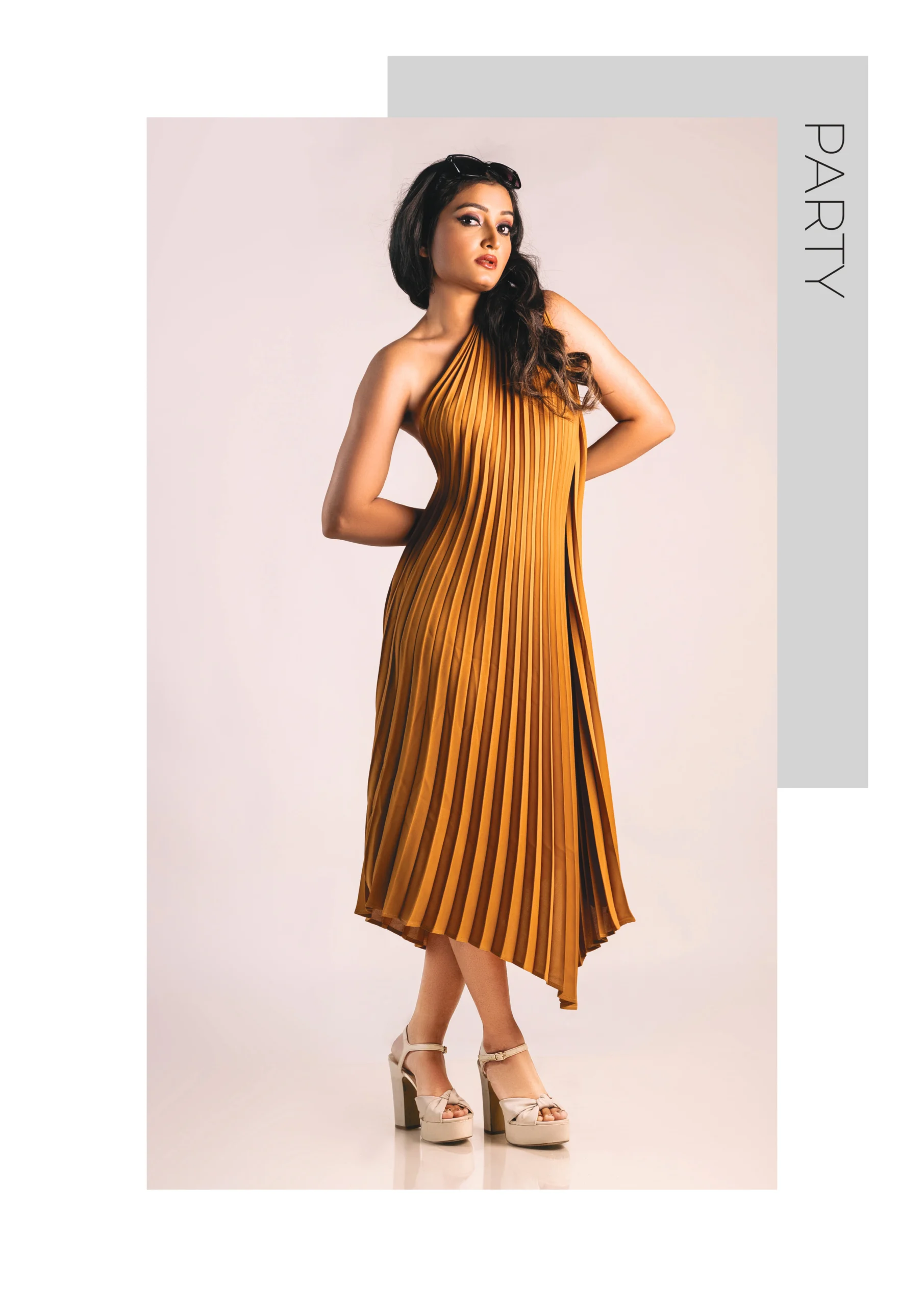 Photography Portfolio Golden mustard pleated halter dress party wear look on clean white background