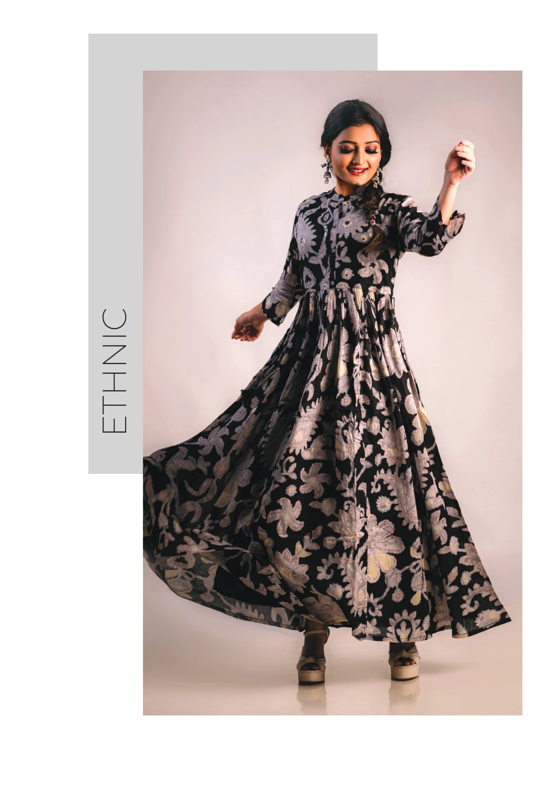 Photography Portfolio Ethnic fusion black floral embroidered anarkali dress with traditional styling and modern photography