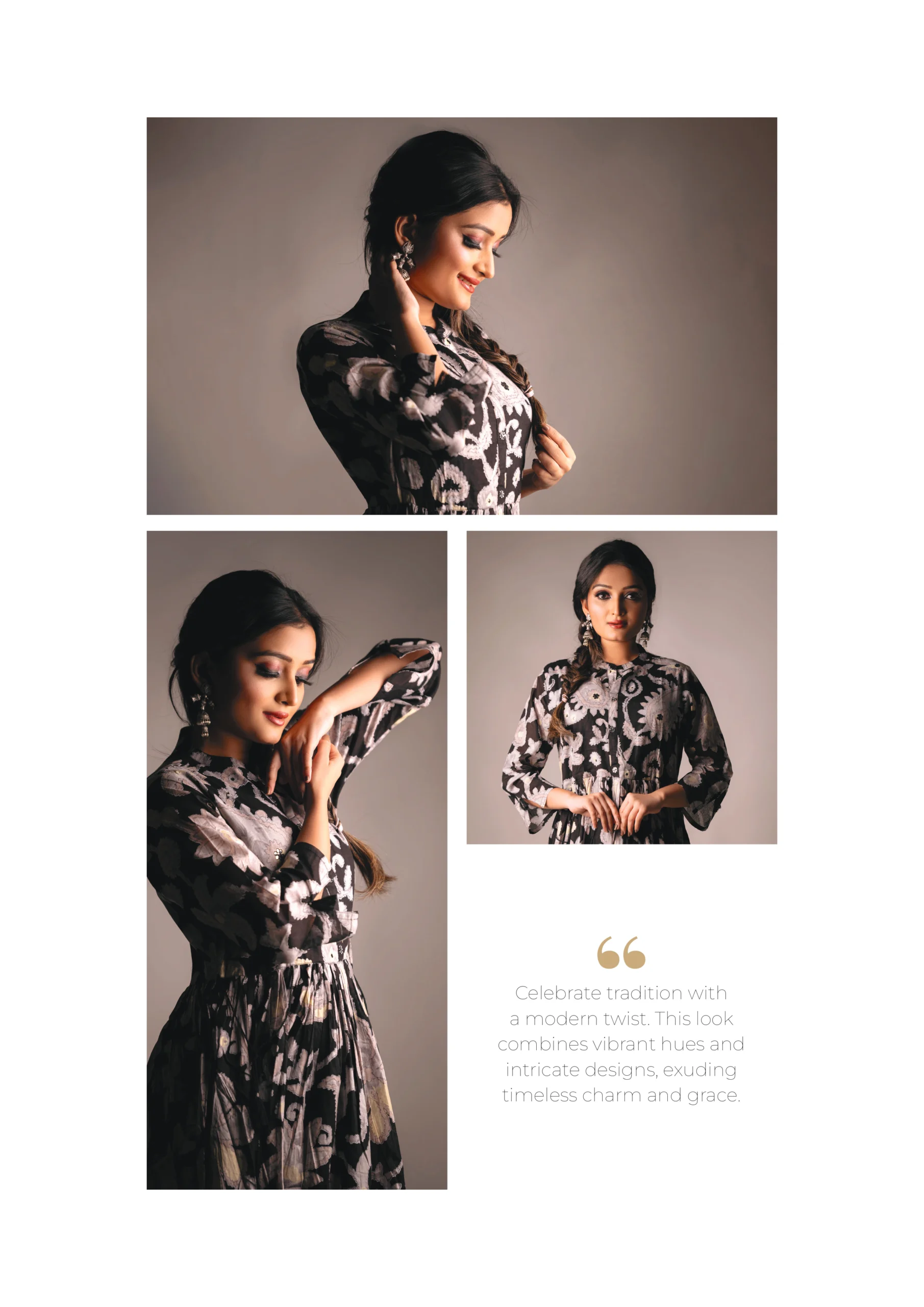 Photography Portfolio Ethnic fusion black floral embroidered anarkali dress with traditional styling and modern photography