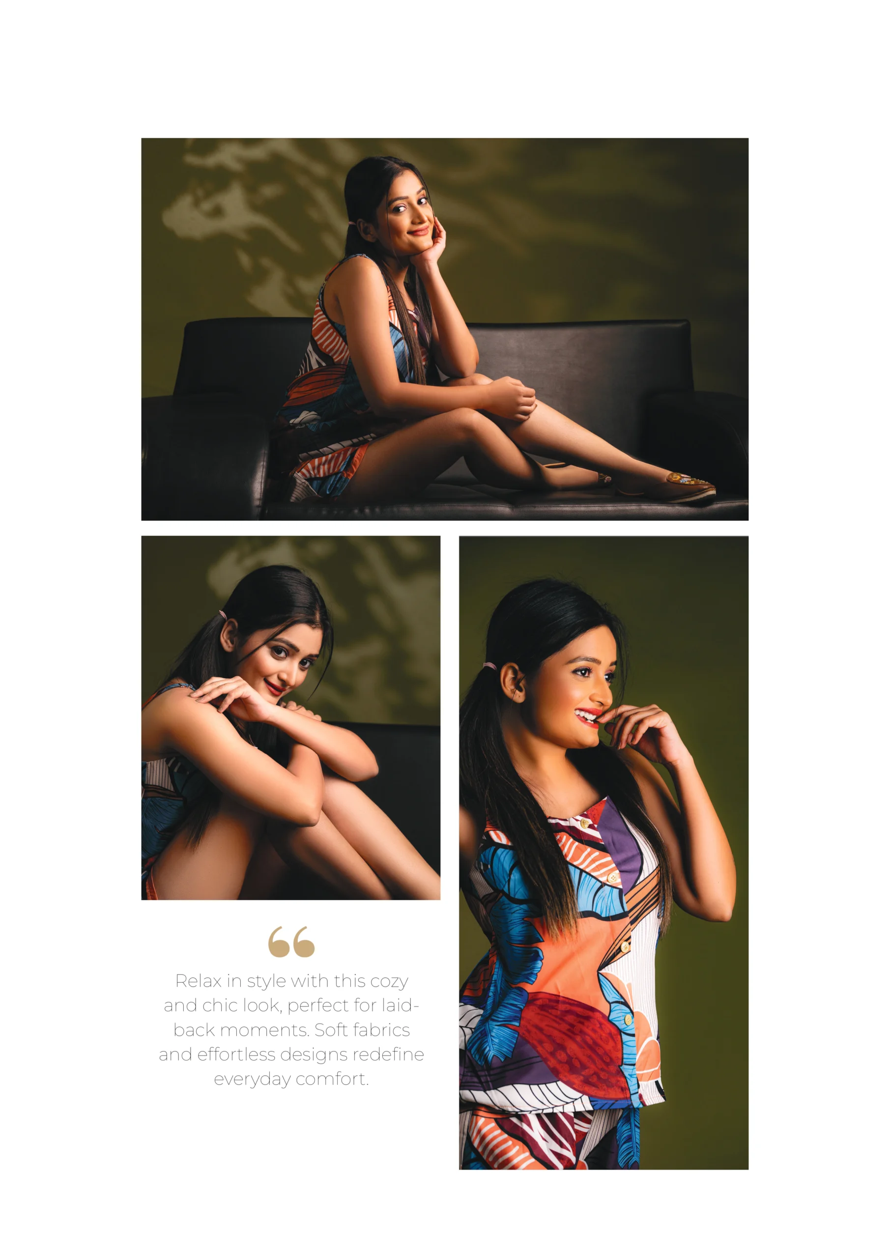 Photography Portfolio Comfy casual collection featuring colorful abstract print co-ord set with model in relaxed lifestyle poses