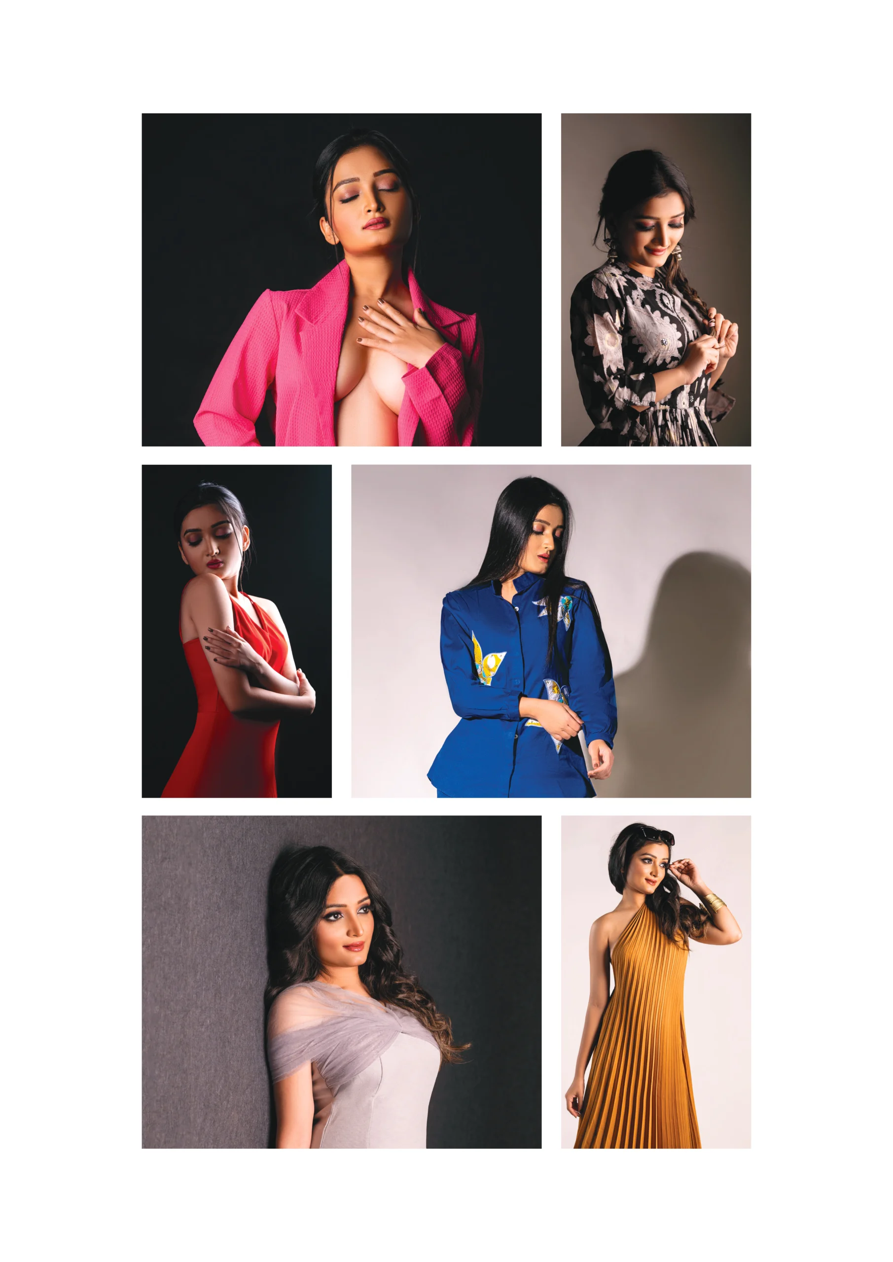 Photography Portfolio Six diverse fashion looks including pink blazer, floral prints, red and blue corporate wear, ethnic elegant dress and golden pleated outfit