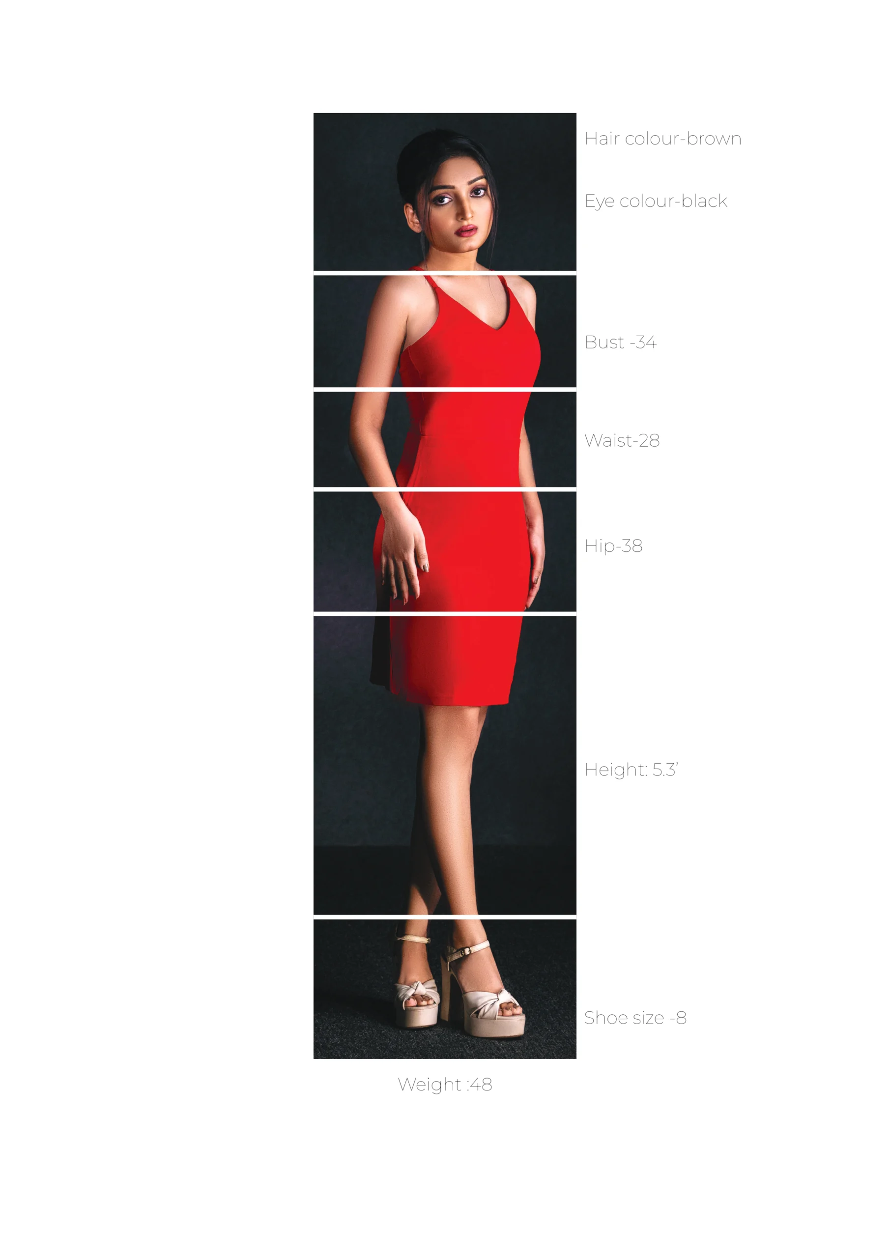 Photography Portfolio Model statistics comp card showing measurements and physical attributes with red dress full-body shot