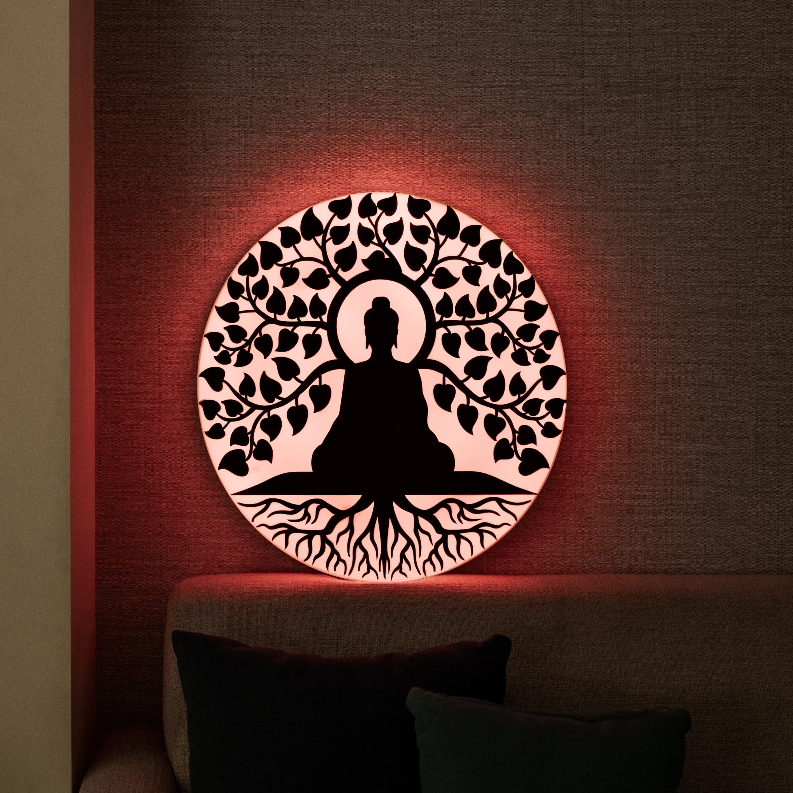Photography Portfolio Illuminated Buddha LED wall art with tree of life design and red backlighting in bedroom setting - Content Crest Media home decor product photography portfolio Ahmedabad Gujarat