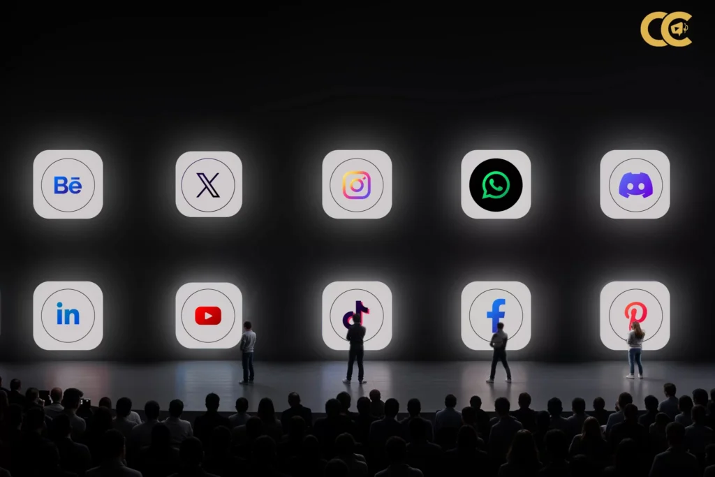 Sustainable Branding: The Rise of the Digital Age Dramatic stage presentation of major social media platform icons with silhouetted professionals and audience representing comprehensive social media branding strategy by Content Crest Media Ahmedabad Gujarat