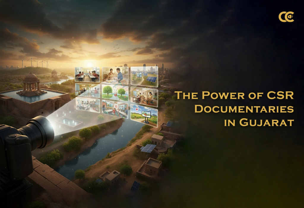 Professional camera projecting illuminated grid of CSR initiative images across dramatic Gujarat landscape with heritage architecture, wind turbines and sunset representing CSR documentary production by Content Crest Media Ahmedabad