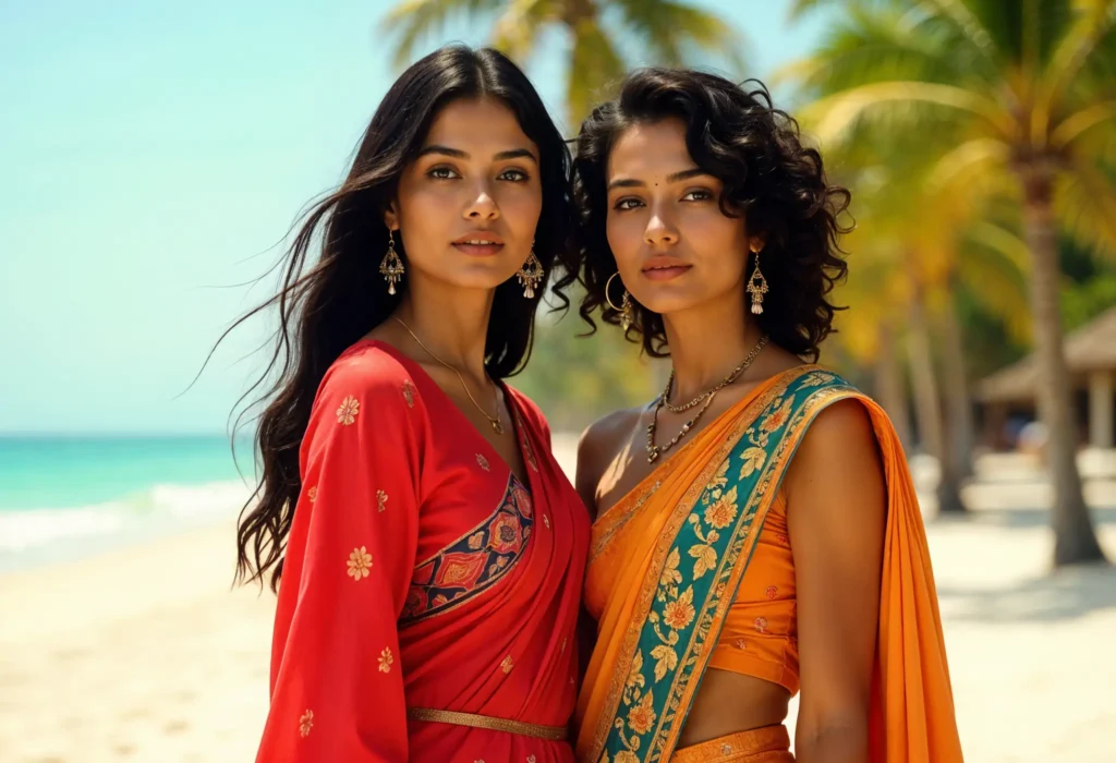 The Power of Fashion Photography: Capturing the Essence of Your Brand for Both Online Fame and Offline Glory Two models in vibrant red and orange traditional ethnic sarees with gold jewelry on tropical beach with turquoise ocean and palm trees representing fashion photography brand campaign by Content Crest Media Ahmedabad Gujarat