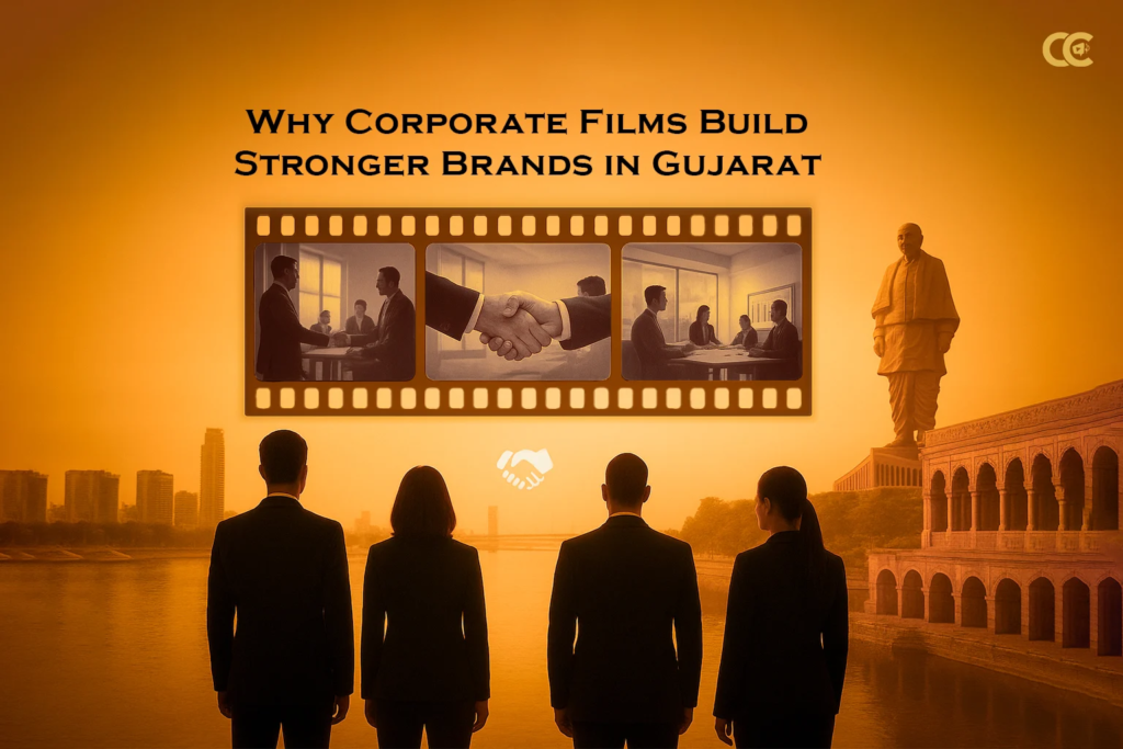 Business professionals viewing film strip with corporate scenes against golden Gujarat sunset with Statue of Unity representing corporate film brand building by Content Crest Media Ahmedabad