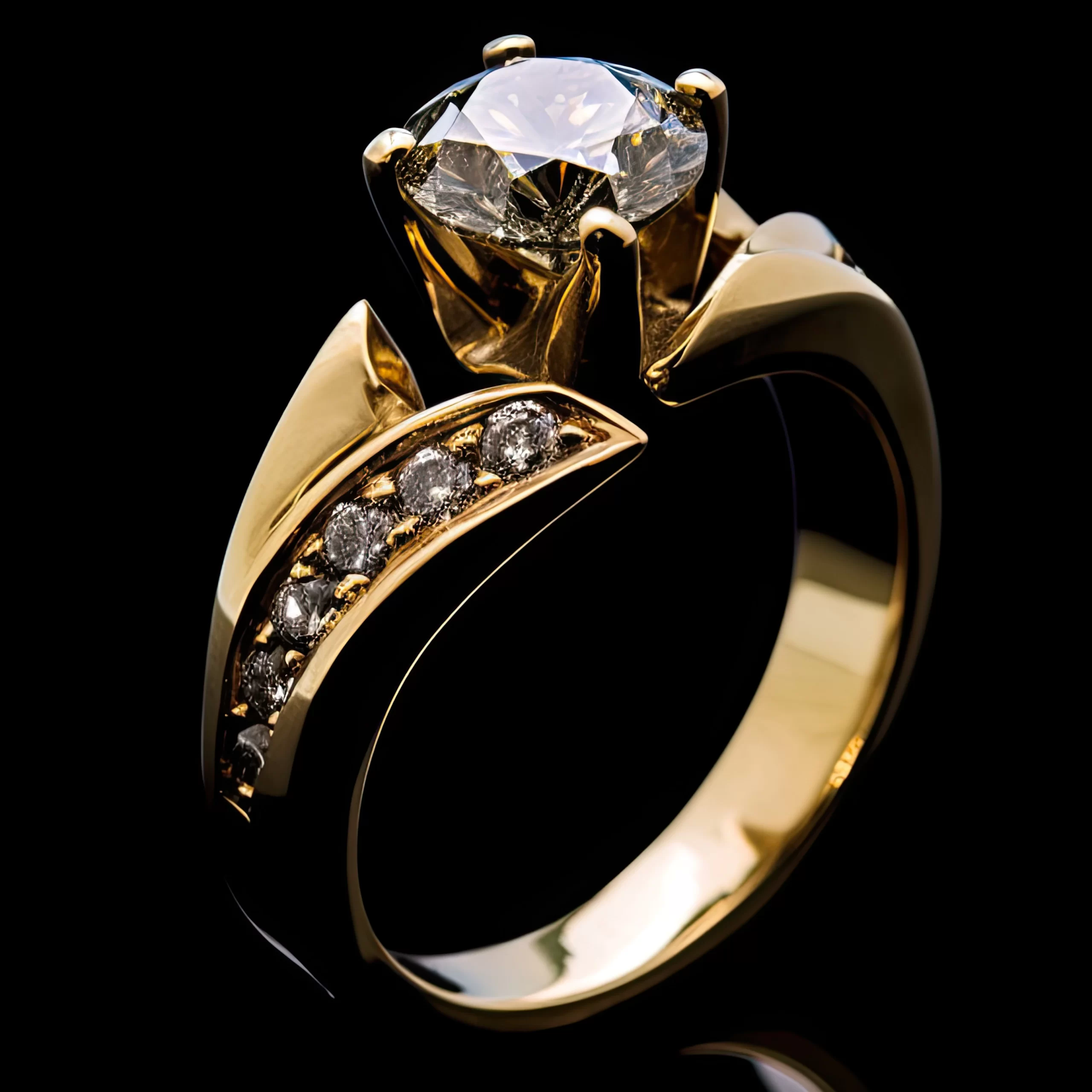 Photography Portfolio Luxury macro close-up of gold diamond engagement ring with brilliant solitaire and pavé band on black background - Content Crest Media high-end jewelry photography portfolio Ahmedabad Gujarat