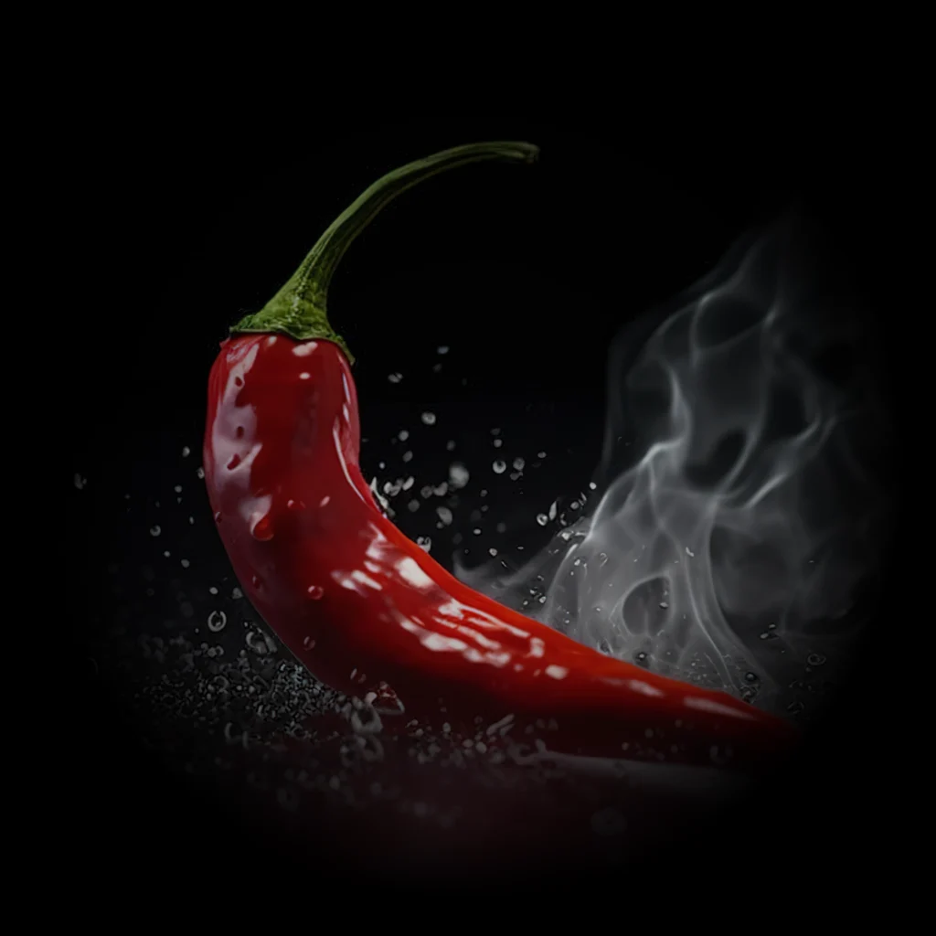 Dynamic red chili with water splash and smoke on black background representing bold creative branding and design services by Content Crest Media branding agency in Ahmedabad Gujarat