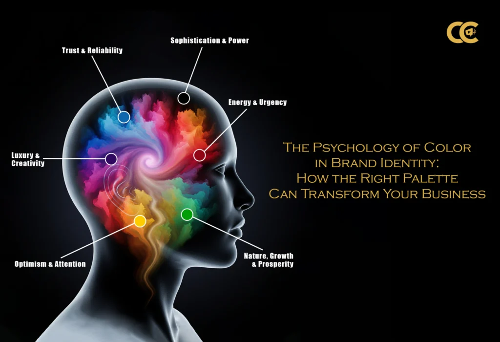 The Psychology of Color in Brand Identity: How the Right Palette Can Transform Your Business Human head profile filled with vibrant rainbow colors labeled with psychological associations representing color psychology in brand identity design by Content Crest Media Ahmedabad Gujarat