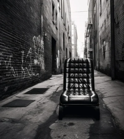 Dramatic urban photography of luxury leather chair in alley representing strategic brand positioning and creative transformation by Content Crest Media in Ahmedabad Gujarat